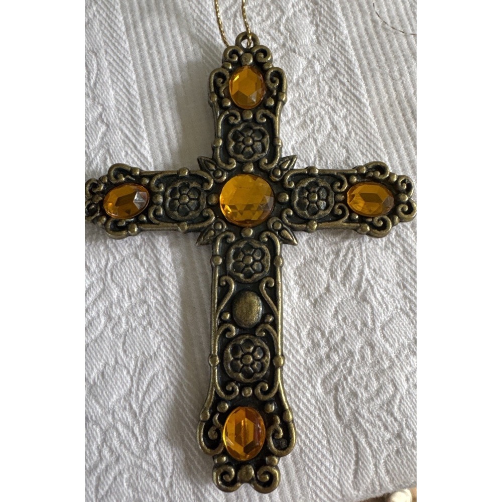 Vintage‎ Cross Ornament Amber Glass Stones Brass Tone Made in Taiwan